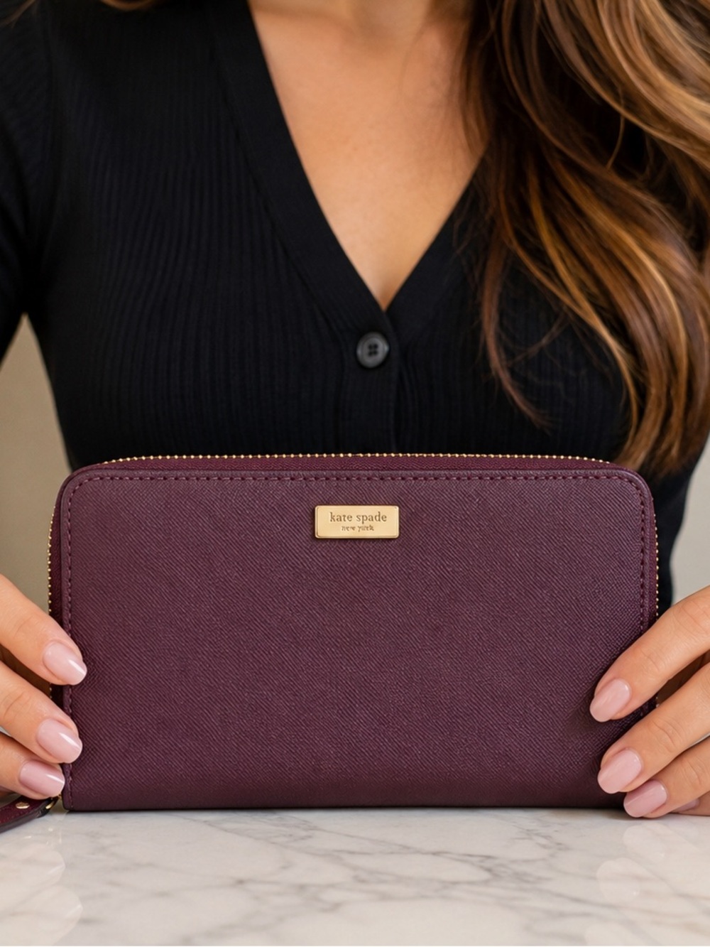 Kate Spade New York Zip Around Wallet | Plum Burgundy Saffiano Leather NWOT - Picture 2 of 10
